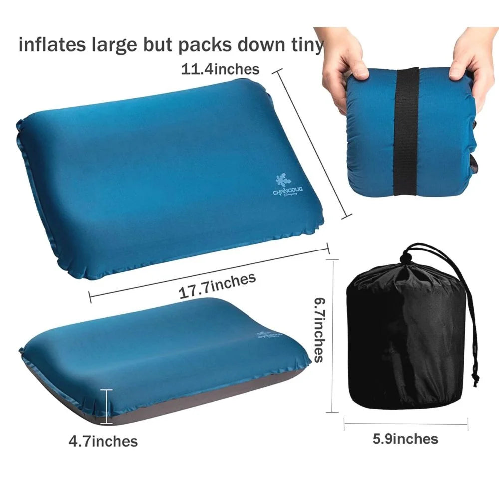 Self inflating camping with caster wheels and side handle rail