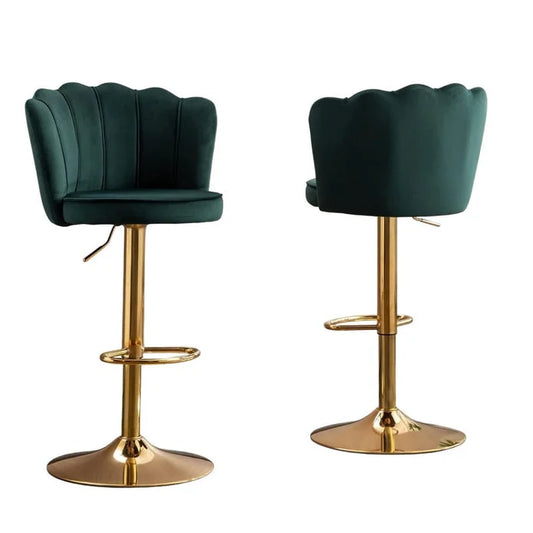 Set of two green velvet swivel bar stools