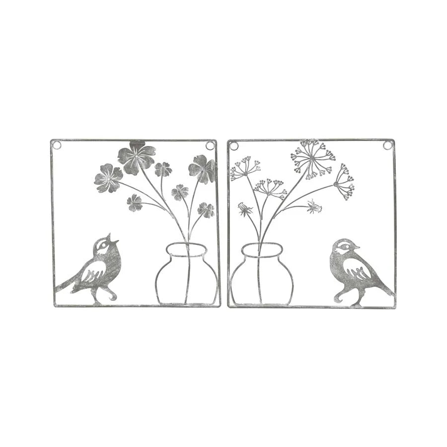 Set 2 Asst Wire Bird w Flower Vase Wall Art 20cm - Home &