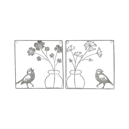 Set 2 Asst Wire Bird w Flower Vase Wall Art 20cm - Home &