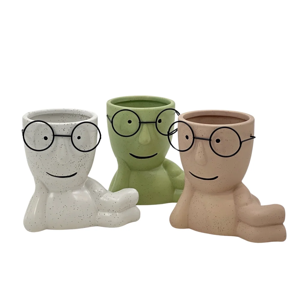 Set 3 Lay On Side Ceramic Pot w Metal Glasses 16x15cm