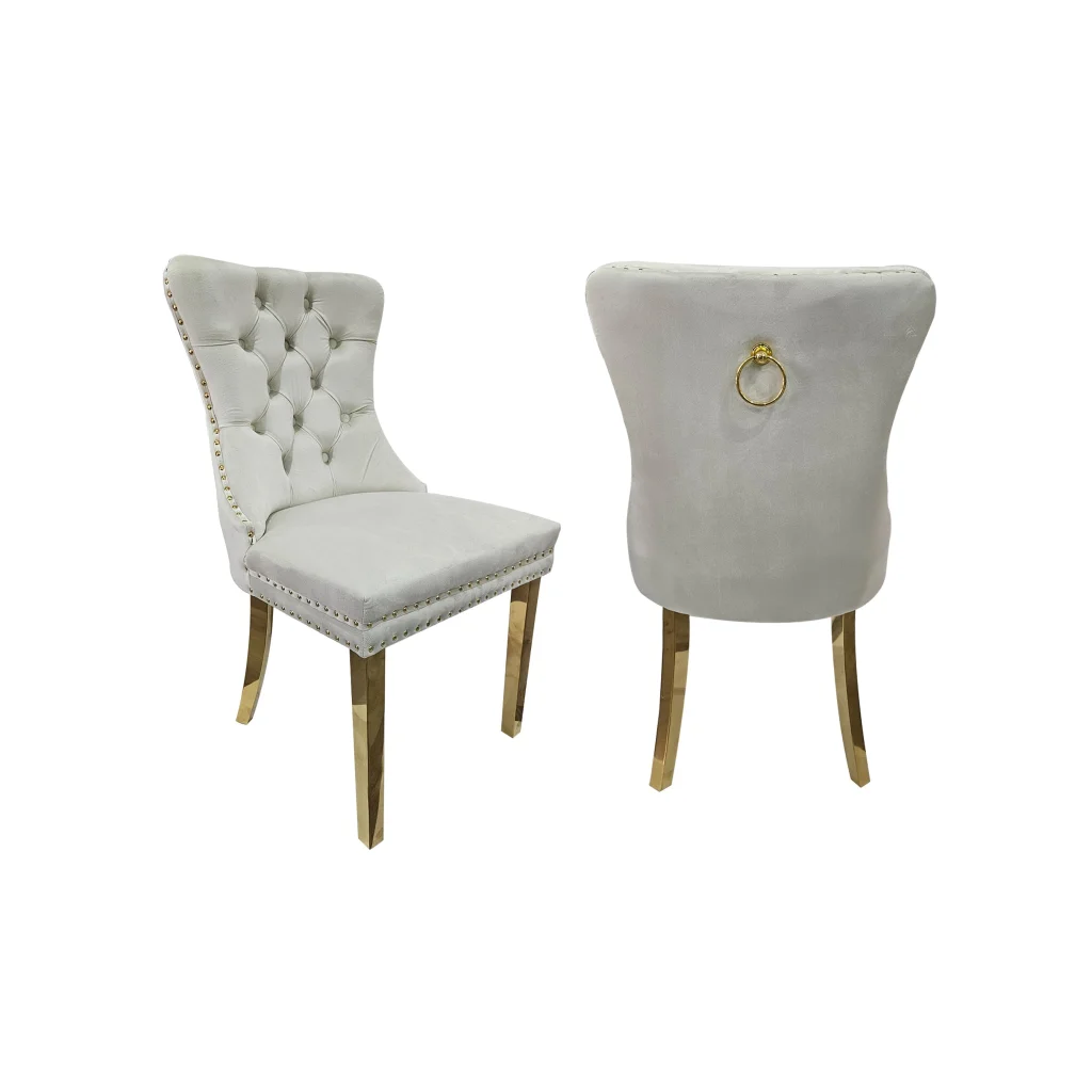 Set of 2 -Alsea Beige Velvet & Gold Polished Steel Dining