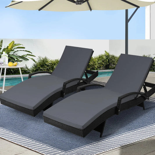 Set of 2 Outdoor Sun Lounge Chairs with Cushion - Black