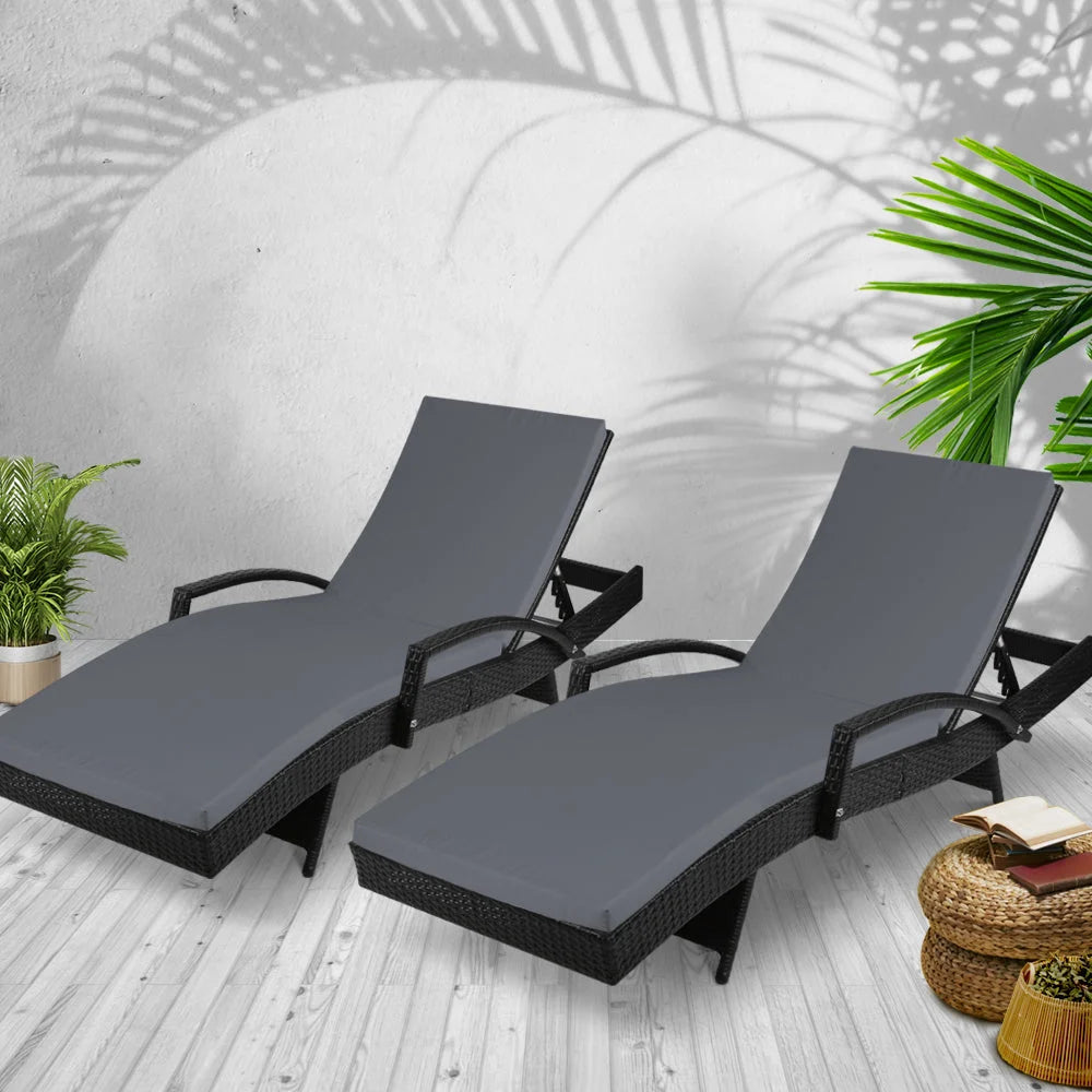 Set of 2 Outdoor Sun Lounge Chairs with Cushion - Black
