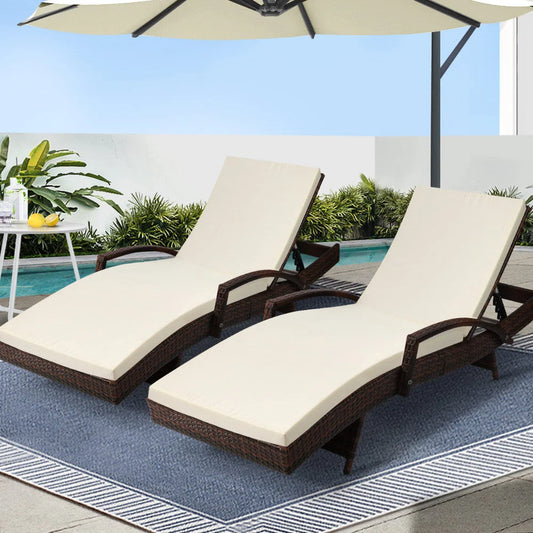 Set of 2 Outdoor Sun Lounge Day Bed Rattan Wicker Lounger