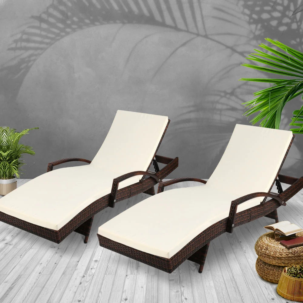 Set of 2 Outdoor Sun Lounge Day Bed Rattan Wicker Lounger
