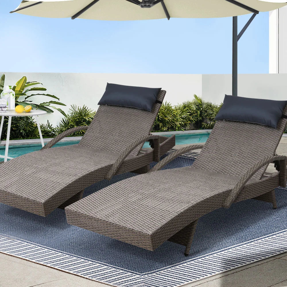 Set of 2 Outdoor Sun Lounge Day Bed Wicker Lounger Rattan