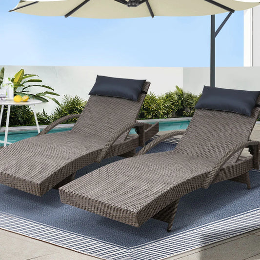 Set of 2 Outdoor Sun Lounge Day Bed Wicker Lounger Rattan