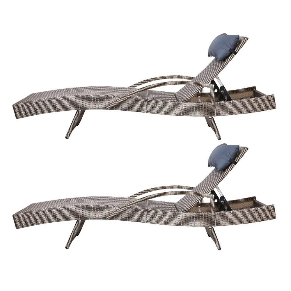 Set of 2 Outdoor Sun Lounge Day Bed Wicker Lounger Rattan
