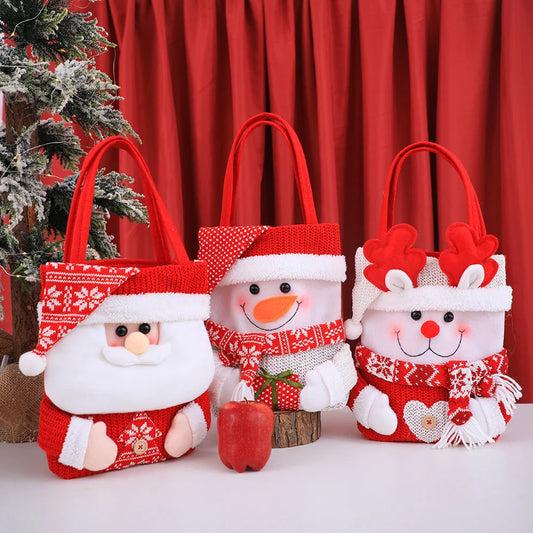 Set of 3 Christmas Fabric Gift Tote Bags – Santa Snowman