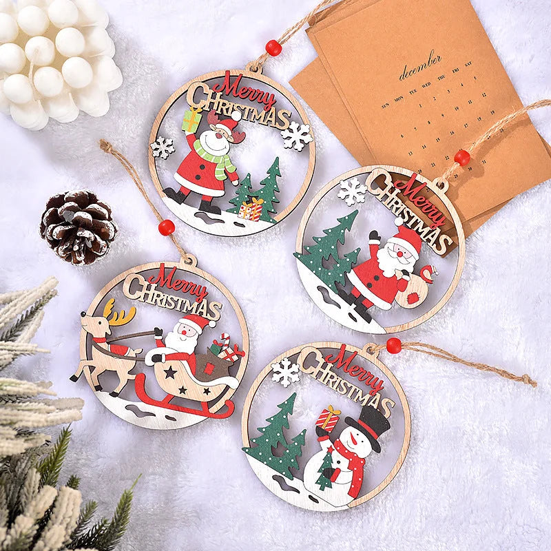 Set of 4 Wooden Christmas Hanging Ornaments – Santa Snowman