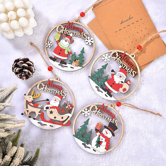 Set of 4 Wooden Christmas Hanging Ornaments – Santa Snowman