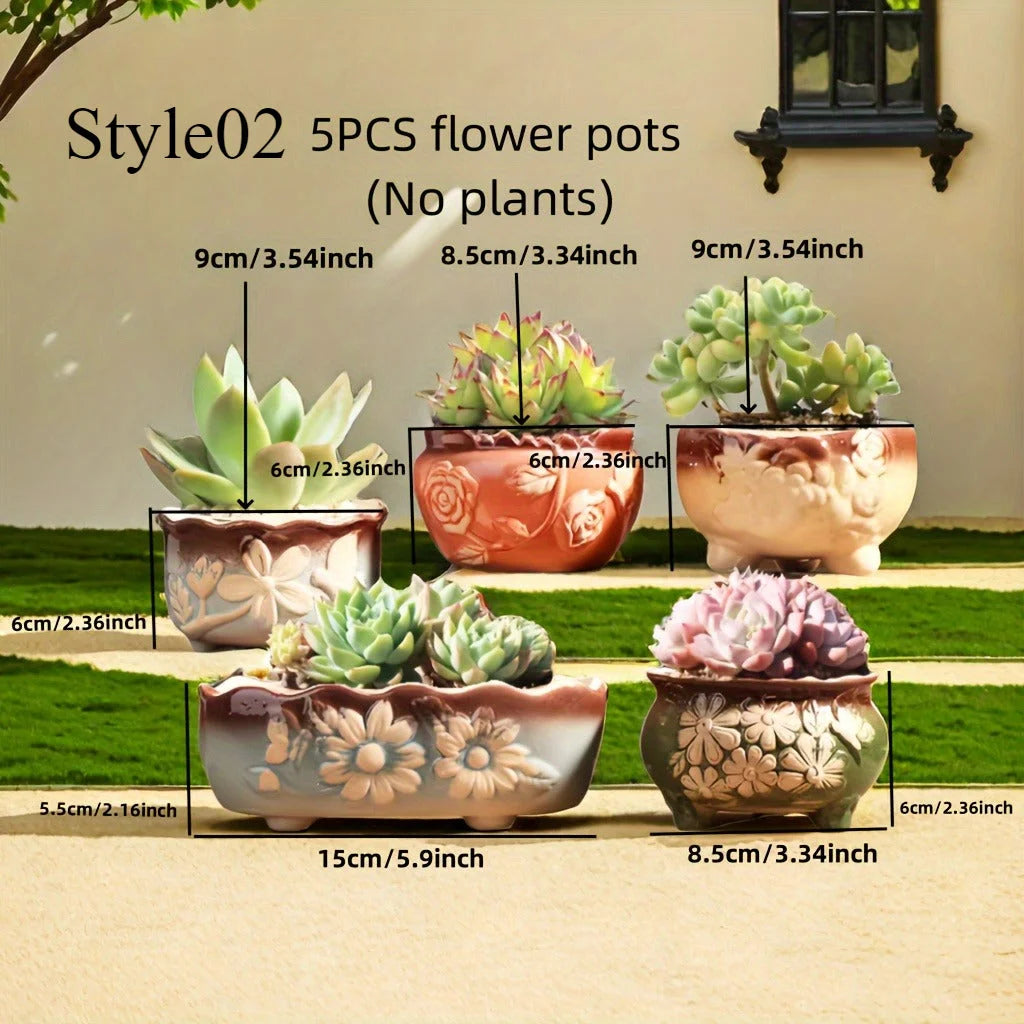 Set of 5 Succulent Plant Pots Flower Patterned