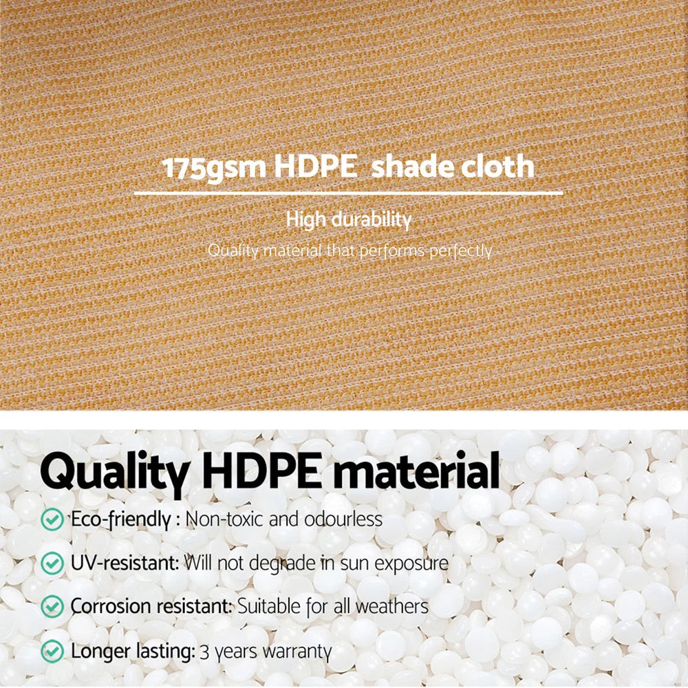 Beige 66x10m shade sail with fabric texture and stitched trim