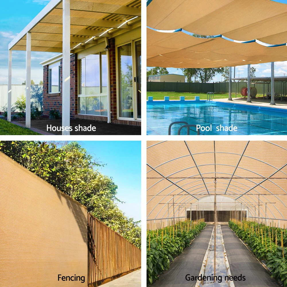 Beige 66x20m shade sail with patterned weave and edge detail