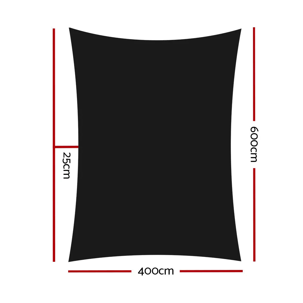 Black 4x6m shade sail with woven surface and bound edging