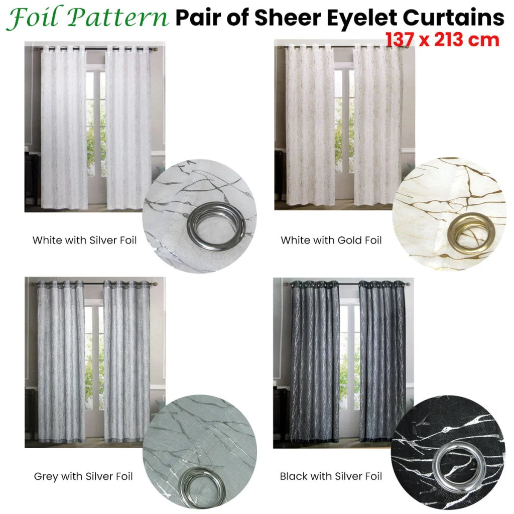 Sheer Eyelet Curtains Pair White with Silver Foils 137 x