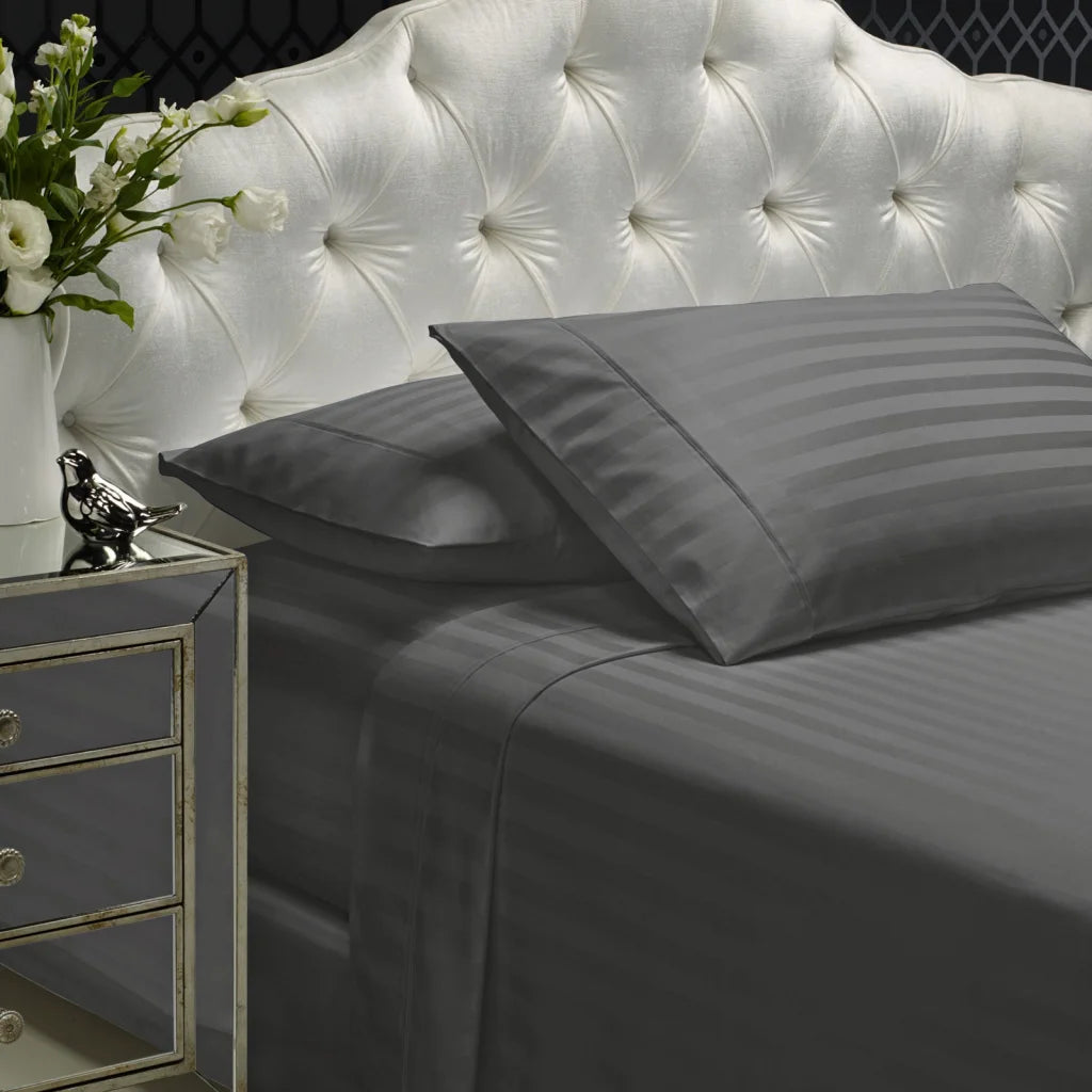 Sheet Set 1200TC Damask Stripe Cotton Blend - Queen Charcoal Grey - Royal Comfort