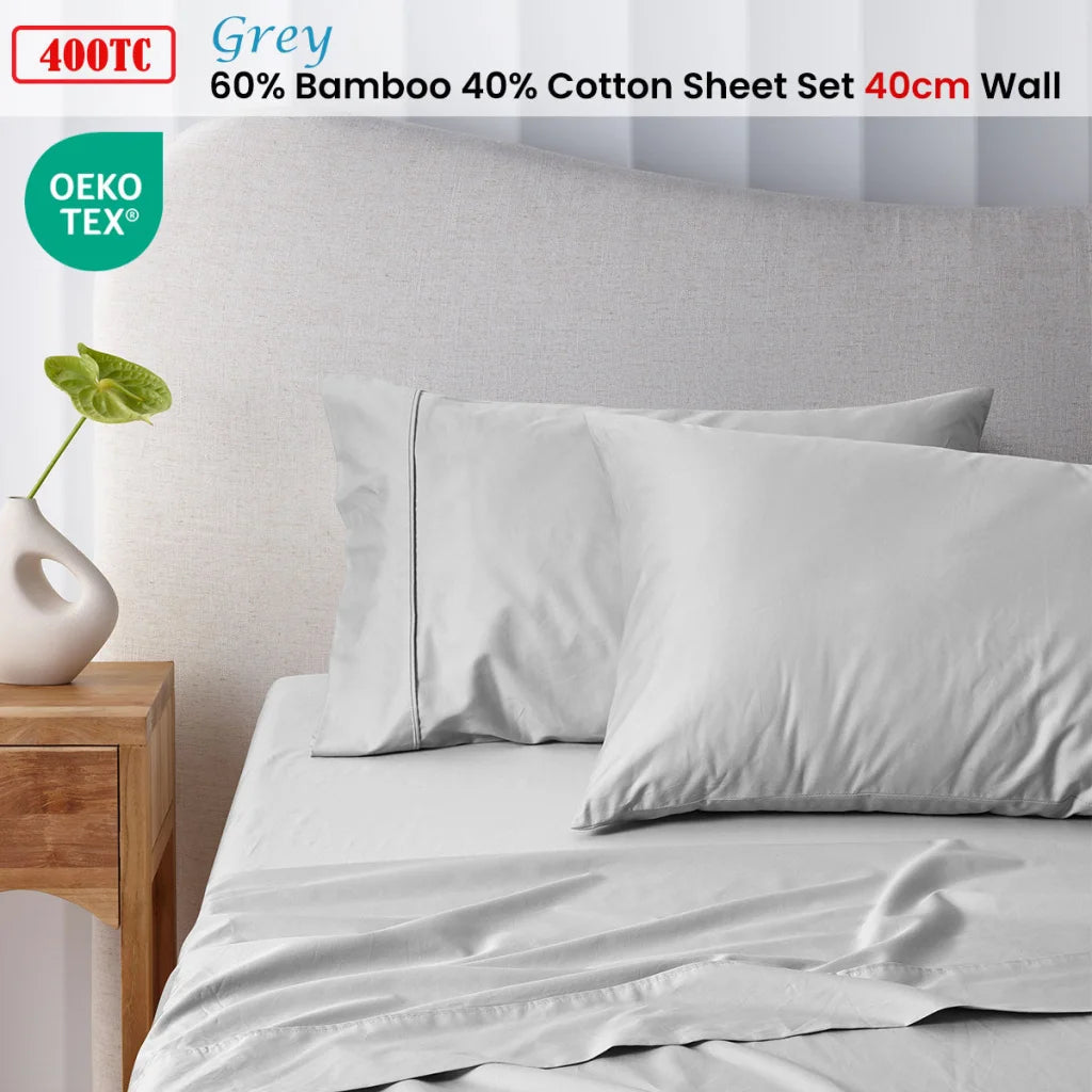 Sheet Set Double 400TC Grey Bamboo Cotton 40cm Wall