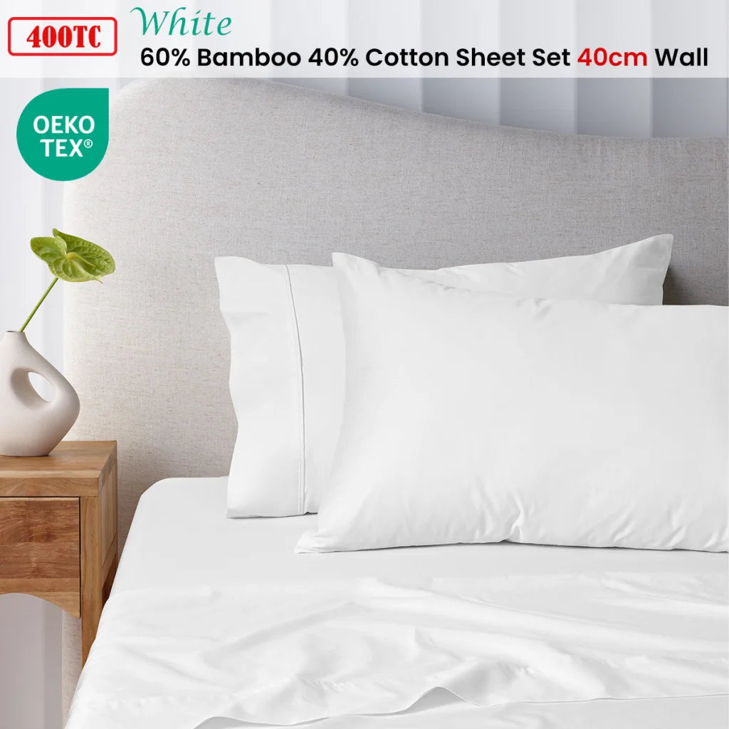 Sheet Set Double 400TC White Bamboo Cotton 40cm Wall