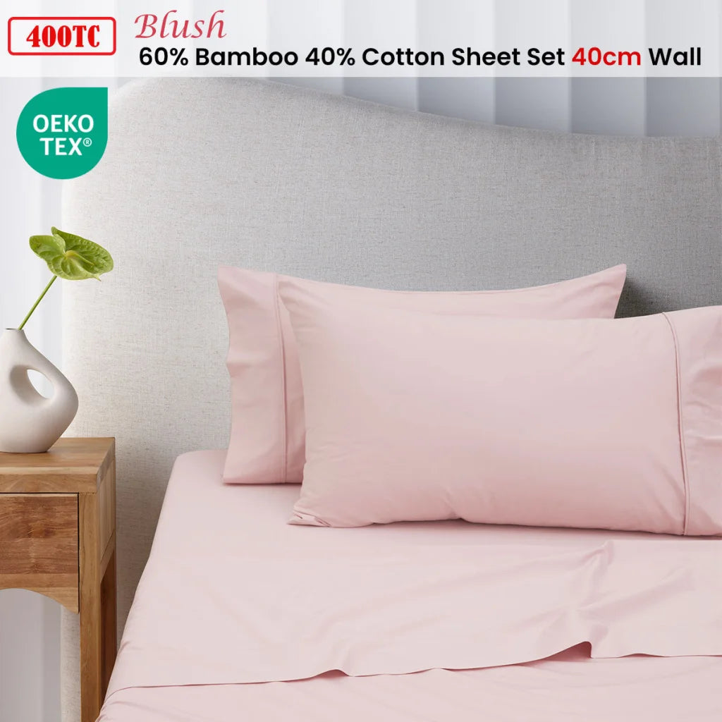 Sheet Set King Single 400TC Blush Bamboo Cotton 40cm Wall