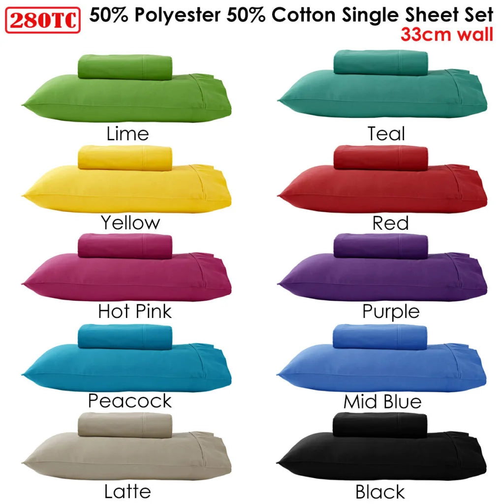 Sheet Set Polyester Cotton 50% 280TC Single Mid Blue - Home