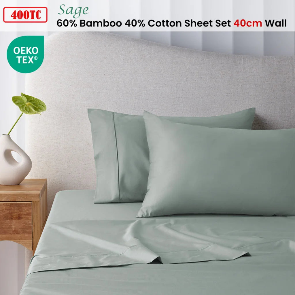 Sheet Set Single 400TC Sage Bamboo Cotton 40cm Wall