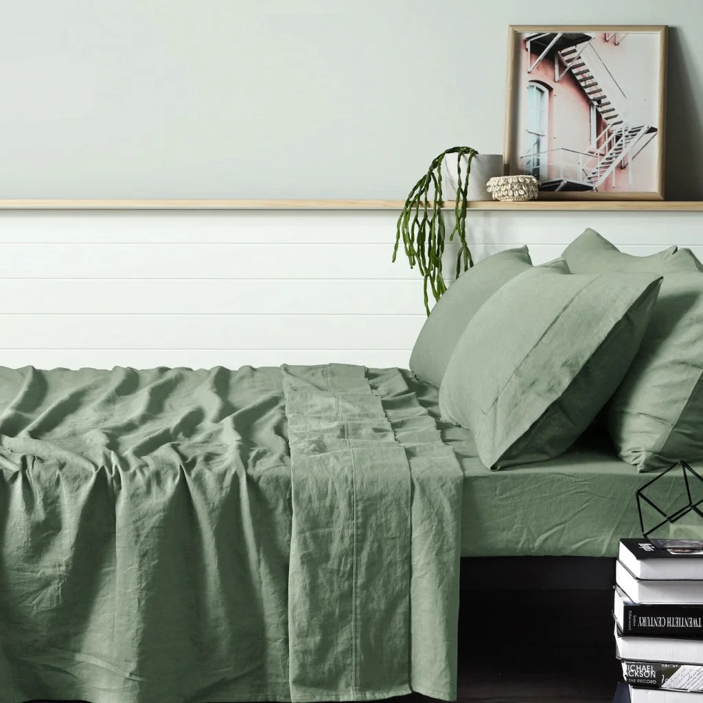 Sheet Set Vintage Design Homewares 100% Sage - Super King