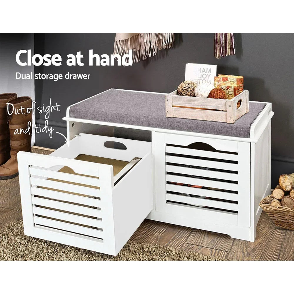 Shoe Bench with Drawers - White & Grey - Living Room