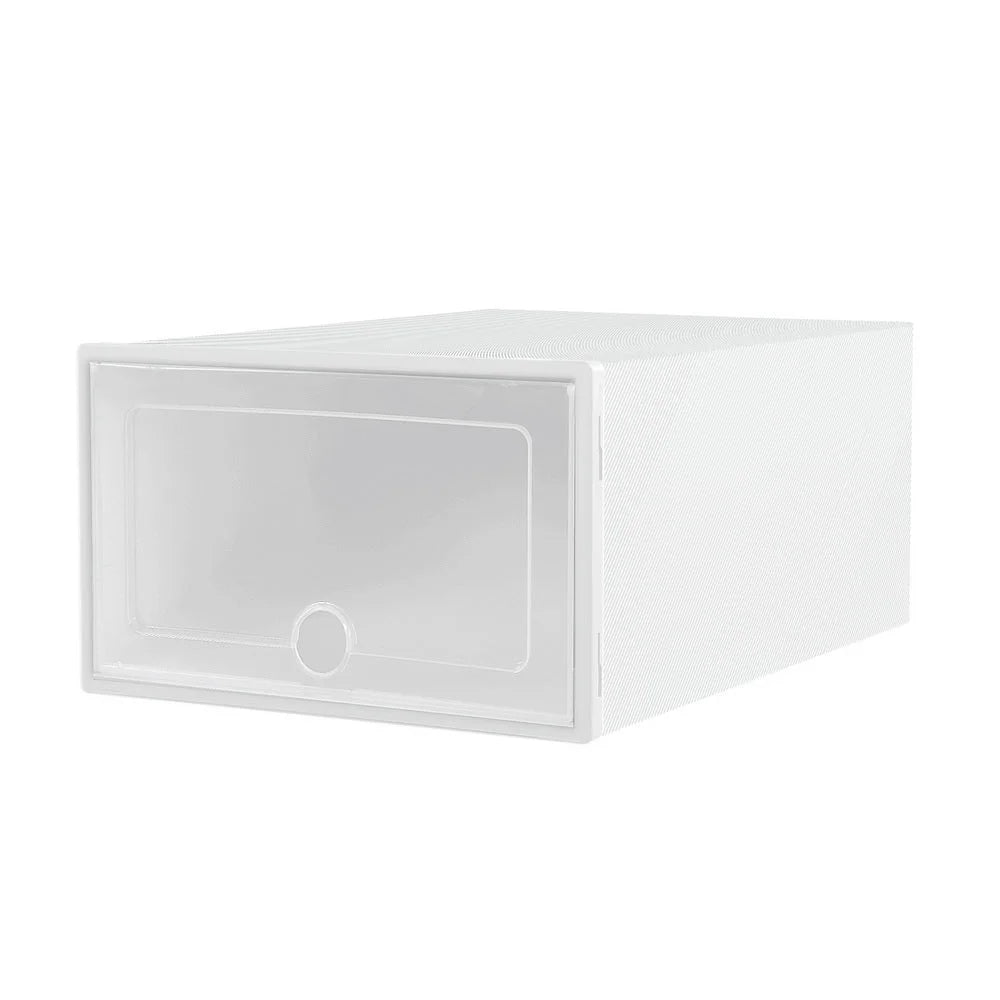 White plastic storage cabinet with handles and internal shelves