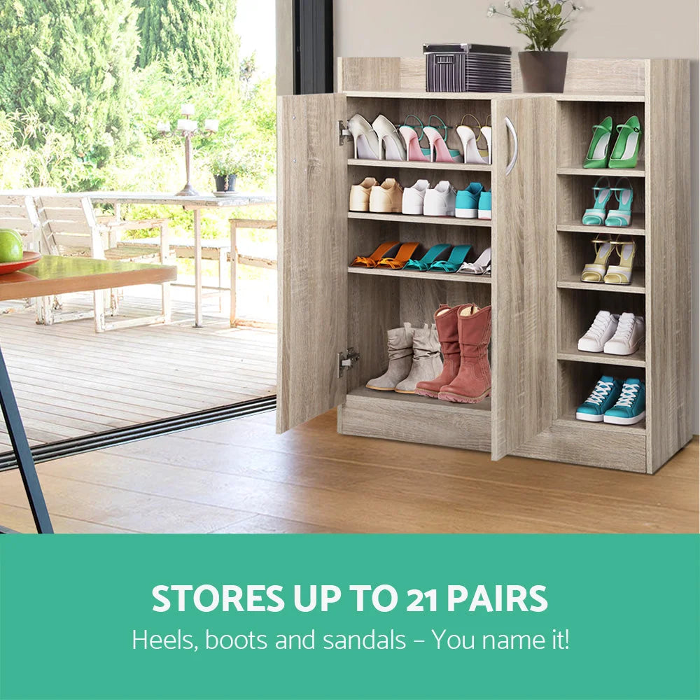 Wood storage cabinet with shelves and cupboard storage layout