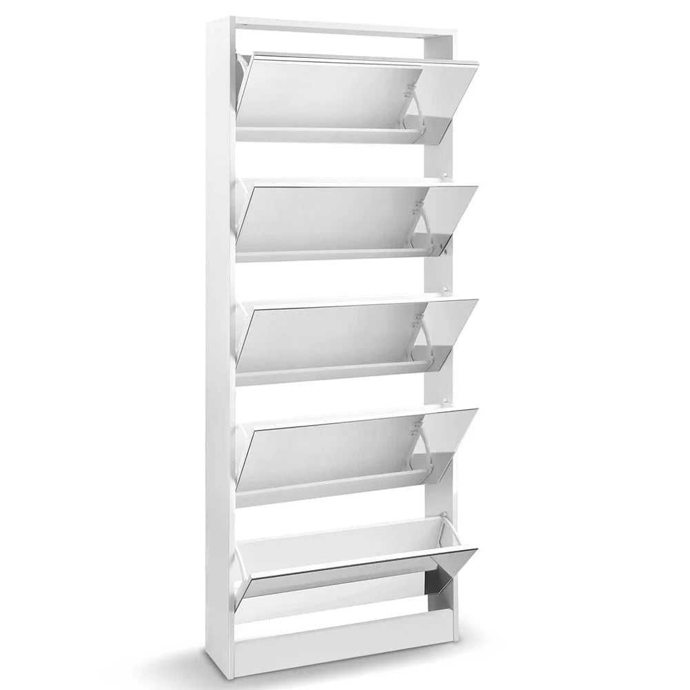 Shoe Cabinet 5 Drawer Mirrored Wooden - White - Living Room