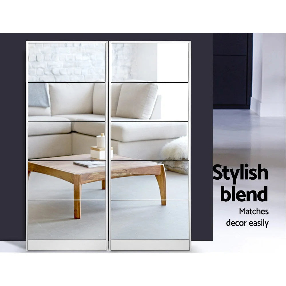 Shoe Cabinet 5 Drawer Mirrored Wooden - White - Living Room
