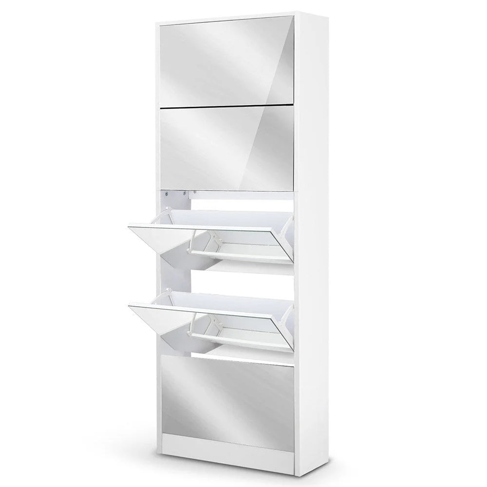 Shoe Cabinet 5 Drawer Mirrored Wooden - White - Living Room