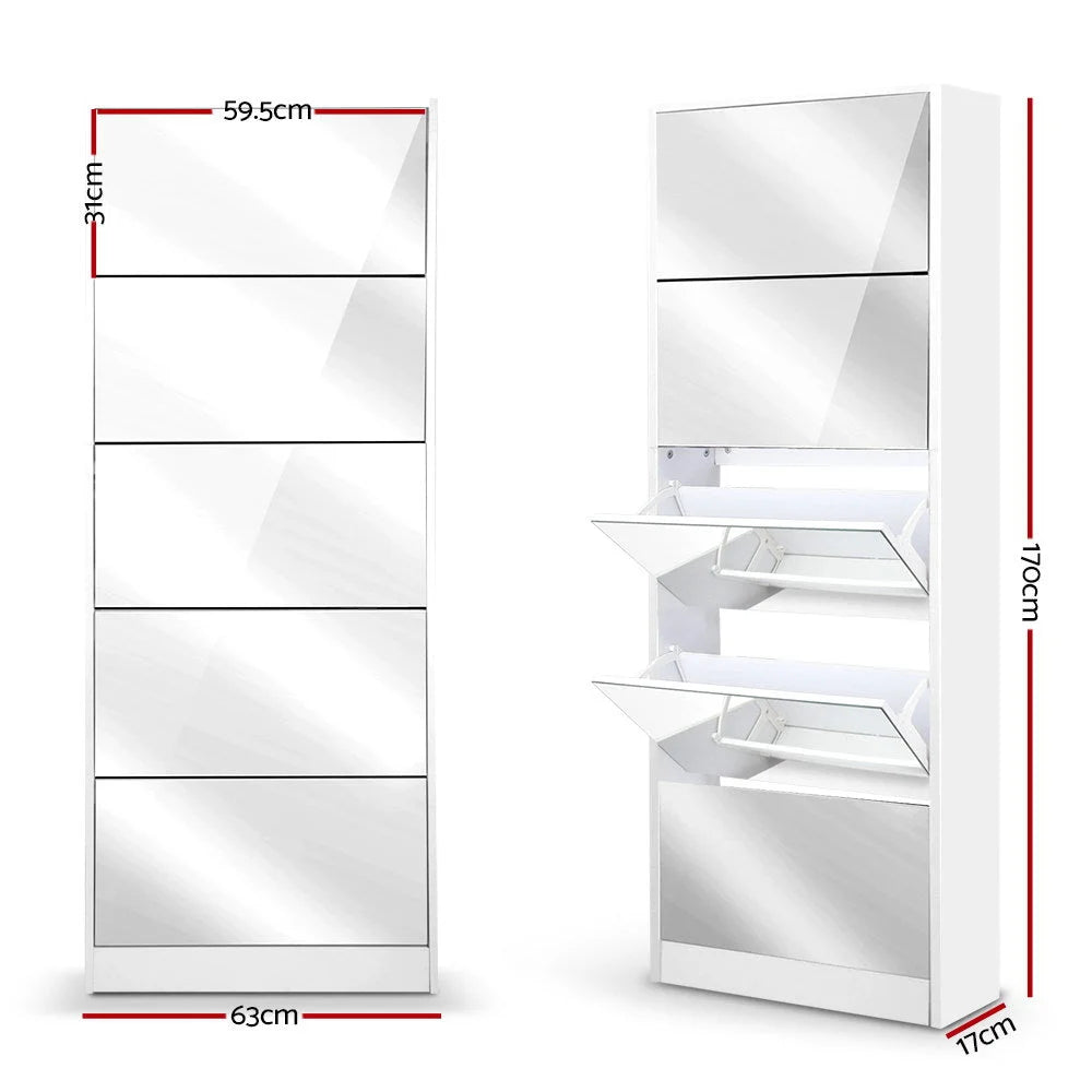 Shoe Cabinet 5 Drawer Mirrored Wooden - White - Living Room