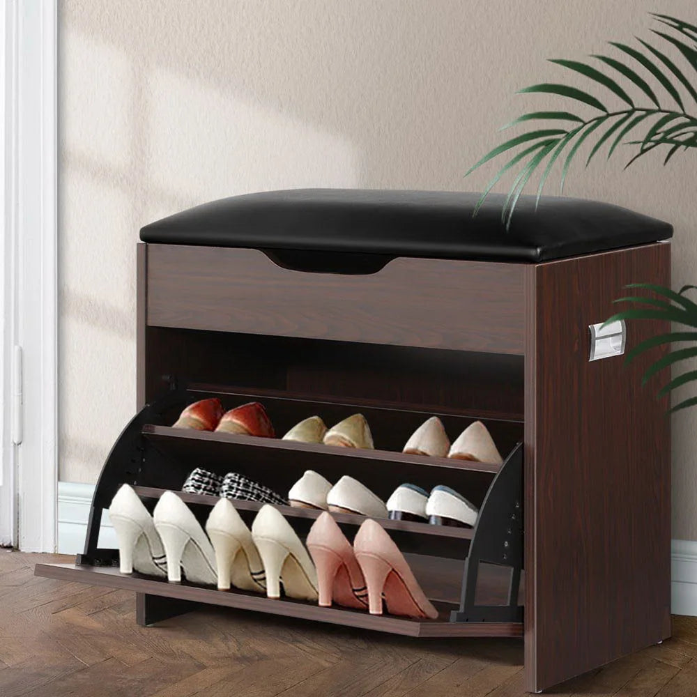 Wooden storage cabinet with shoe organizer bench stool