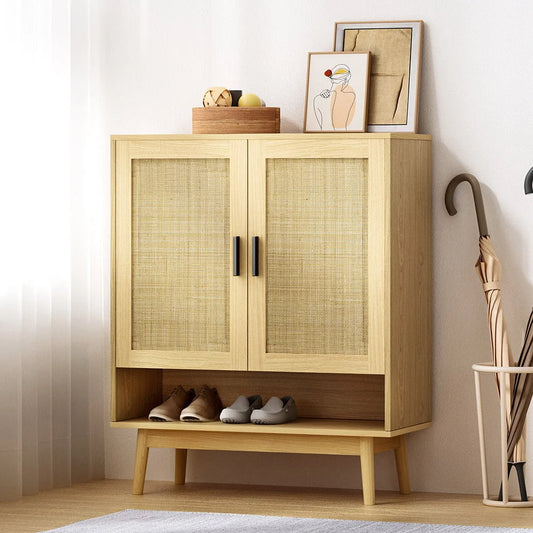 Shoe Cabinet Rattan Storage Rack Organizer Wooden Cupboard