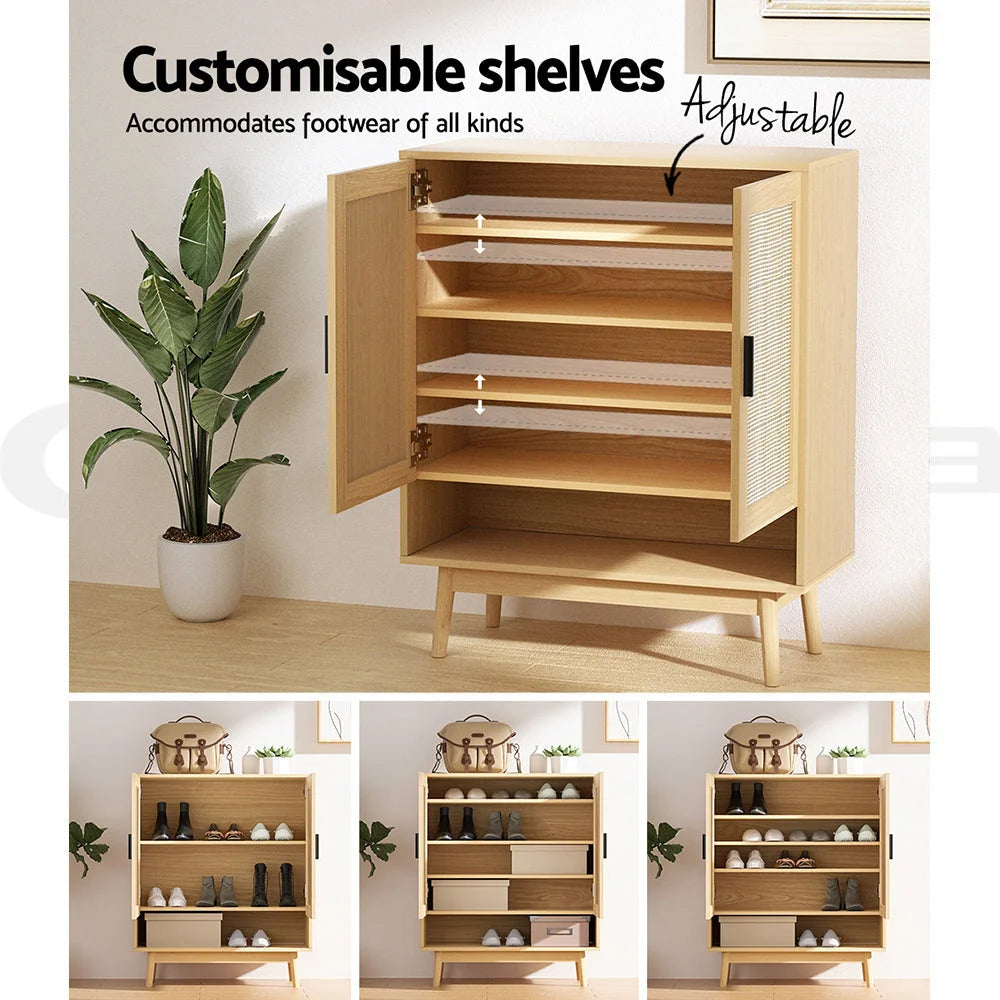 Shoe Cabinet Rattan Storage Rack Organizer Wooden Cupboard