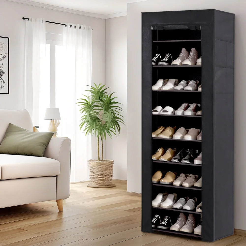 Shoe Rack 10-Tier 27 Pairs with Removable Cover - Black