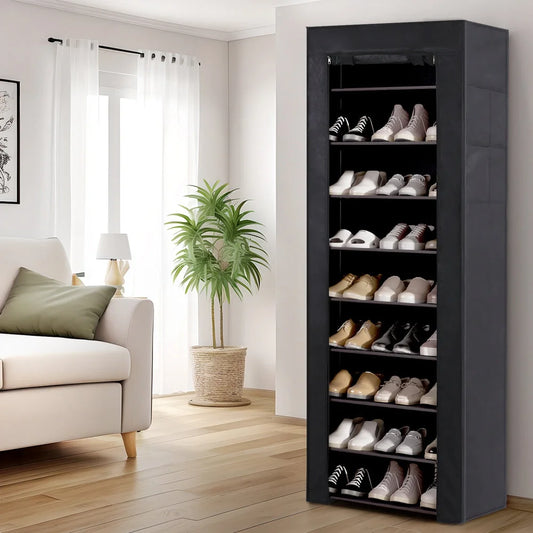 Shoe Rack 10-Tier 27 Pairs with Removable Cover - Black
