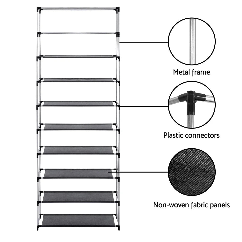 Shoe Rack 10-Tier 27 Pairs with Removable Cover - Black