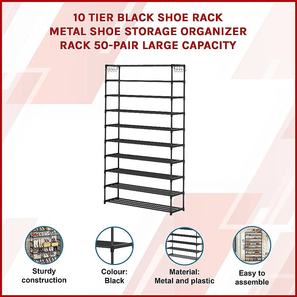 Shoe Rack - 10 Tier Black Metal Organizer 50-Pair Large
