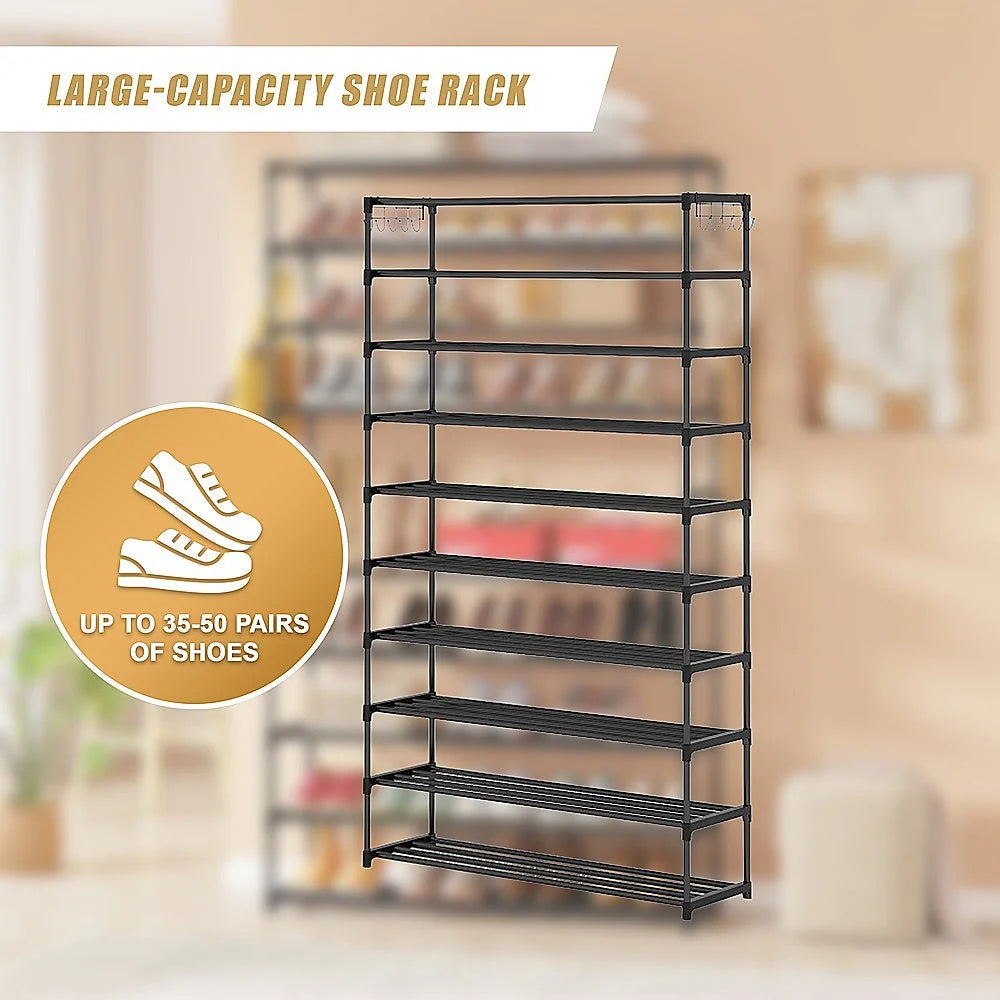 Shoe Rack - 10 Tier Black Metal Organizer 50-Pair Large