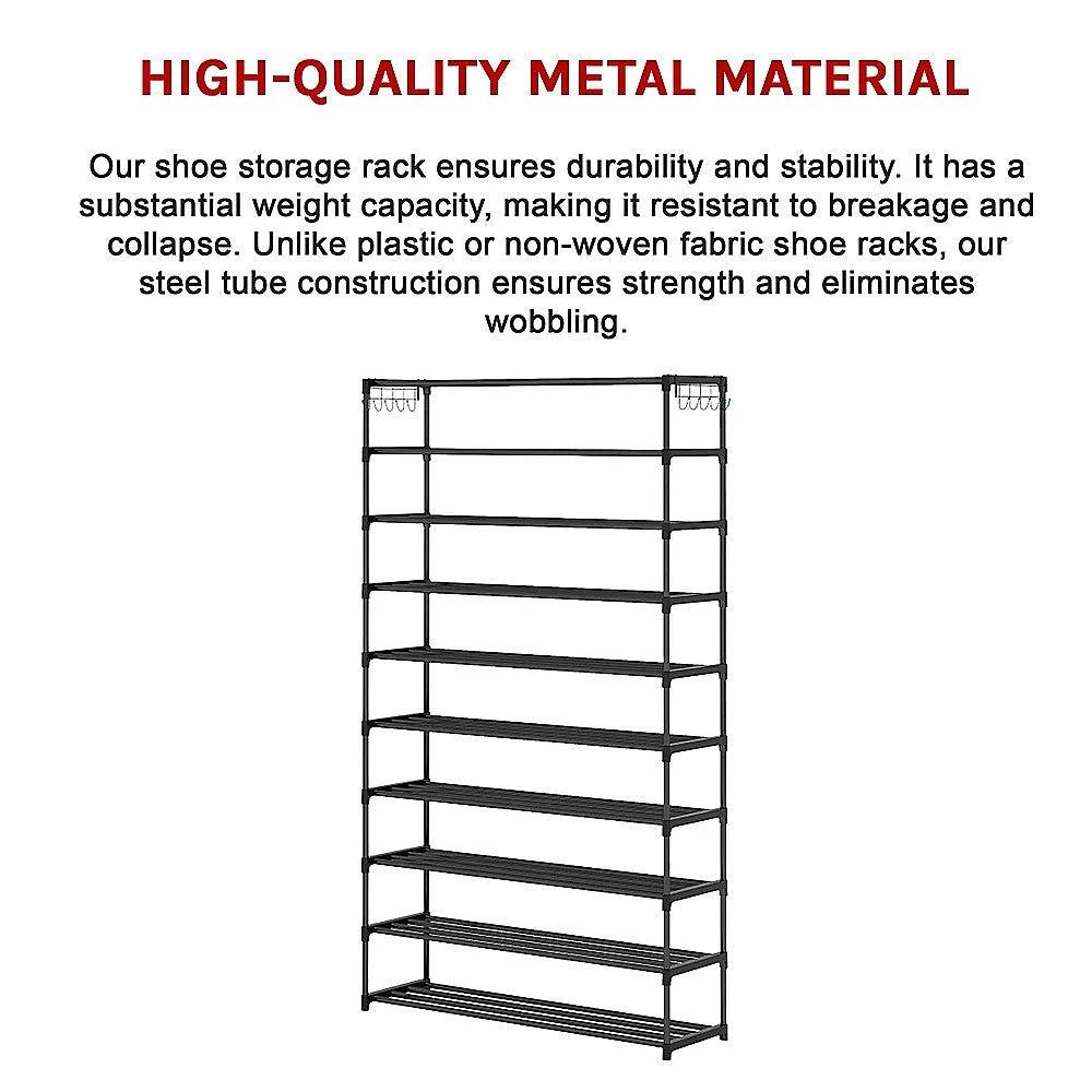 Shoe Rack - 10 Tier Black Metal Organizer 50-Pair Large