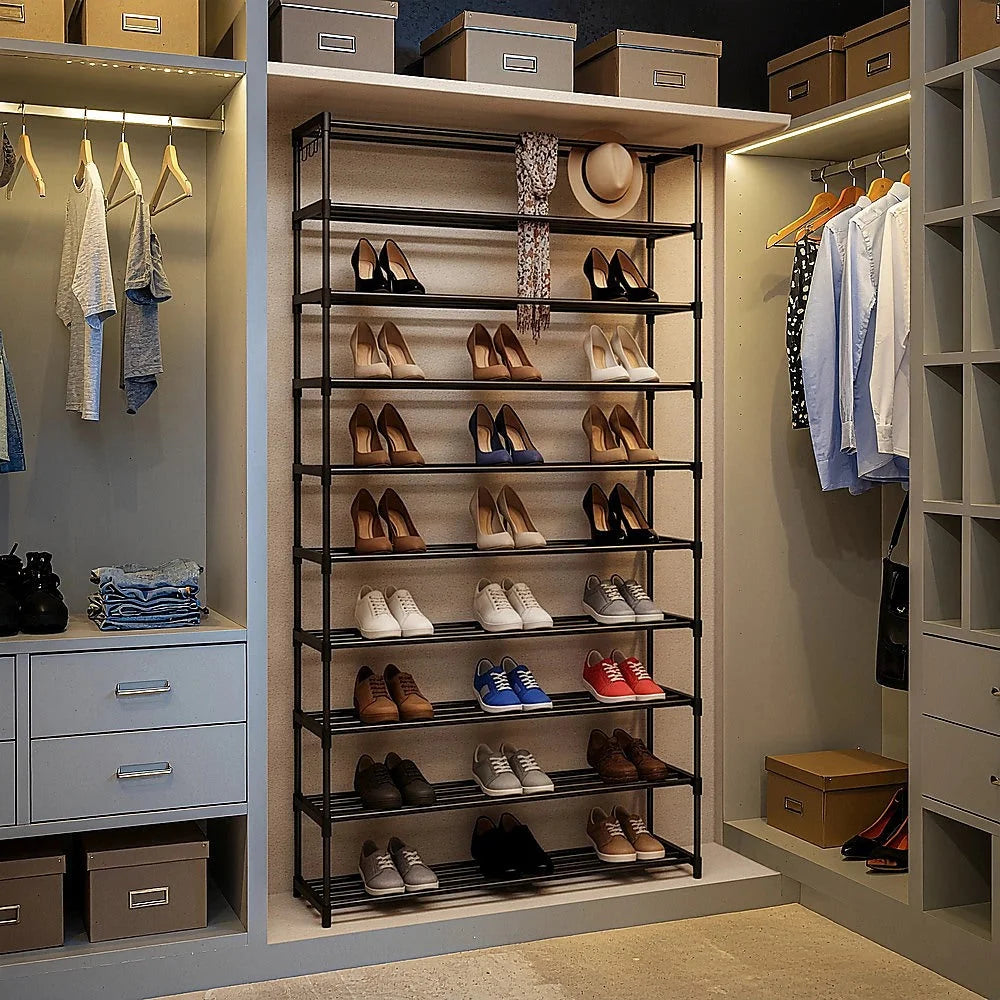 Shoe Rack - 10 Tier Black Metal Organizer 50-Pair Large