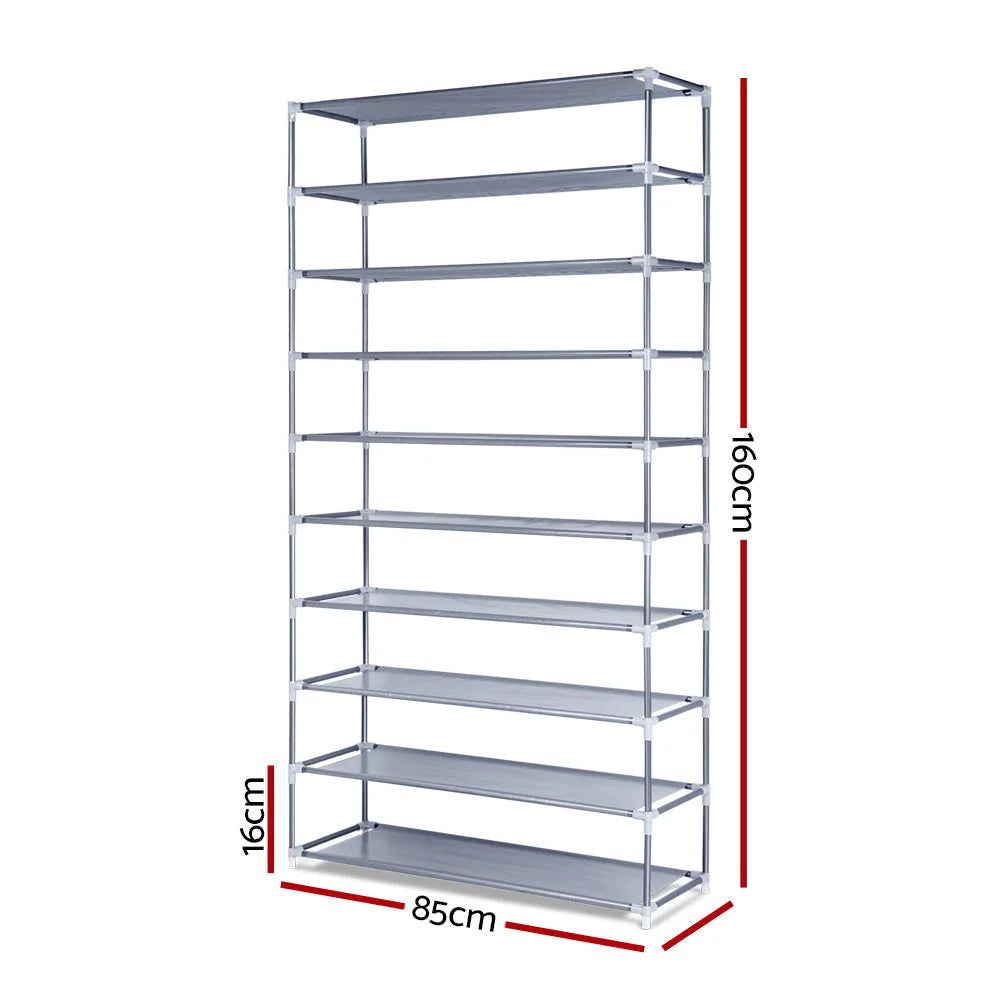 160cm shoe rack with stacked shoe shelves and metal posts