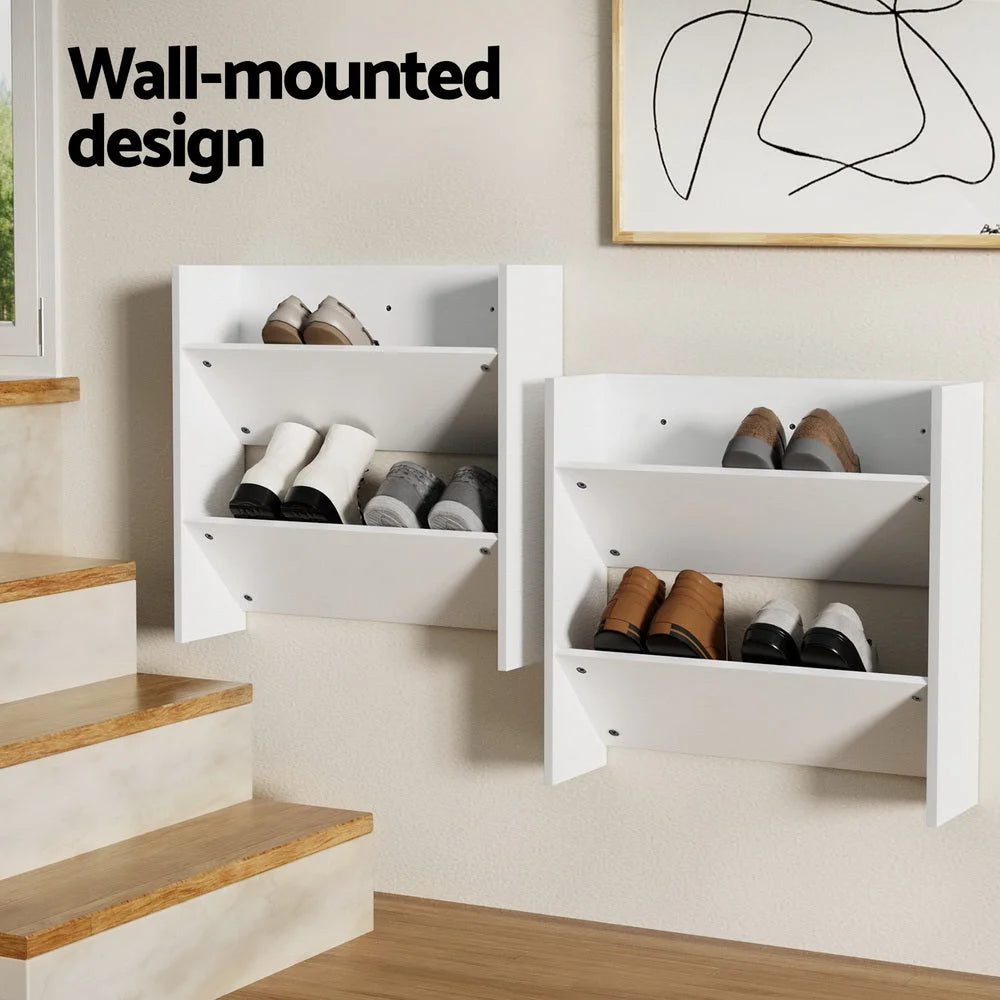 Shoe Rack 2-Tier - Wall Mounted x2 - Holds 12 Pairs - White
