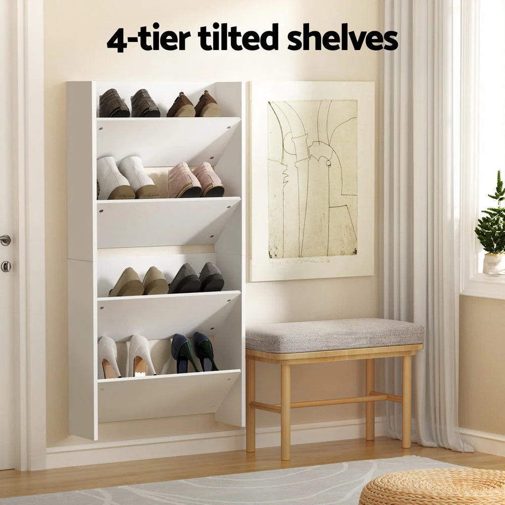 Shoe Rack 2-Tier - Wall Mounted x2 - Holds 12 Pairs - White