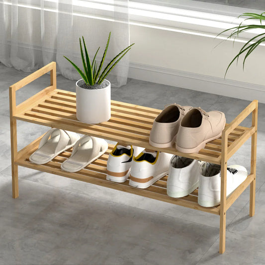 Shoe Rack Bamboo Storage Cabinet 2-Tier Portable Organizer
