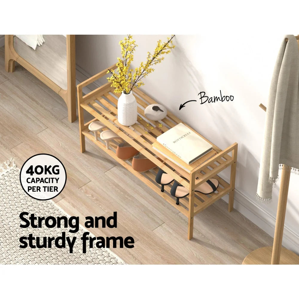 Shoe Rack Bamboo Storage Cabinet 2-Tier Portable Organizer